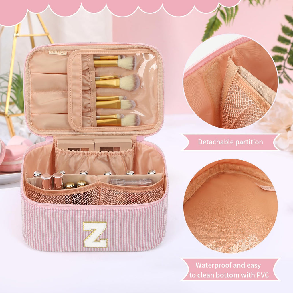 OCHEAL Makeup Bag for Women, Monogram Cosmetic Bag Pink Travel Makeup Case Beauty Toiletry Bag Organizer Personalized Gifts for Girls Bridesmaid, Sister, Wife, Friends Initial Z