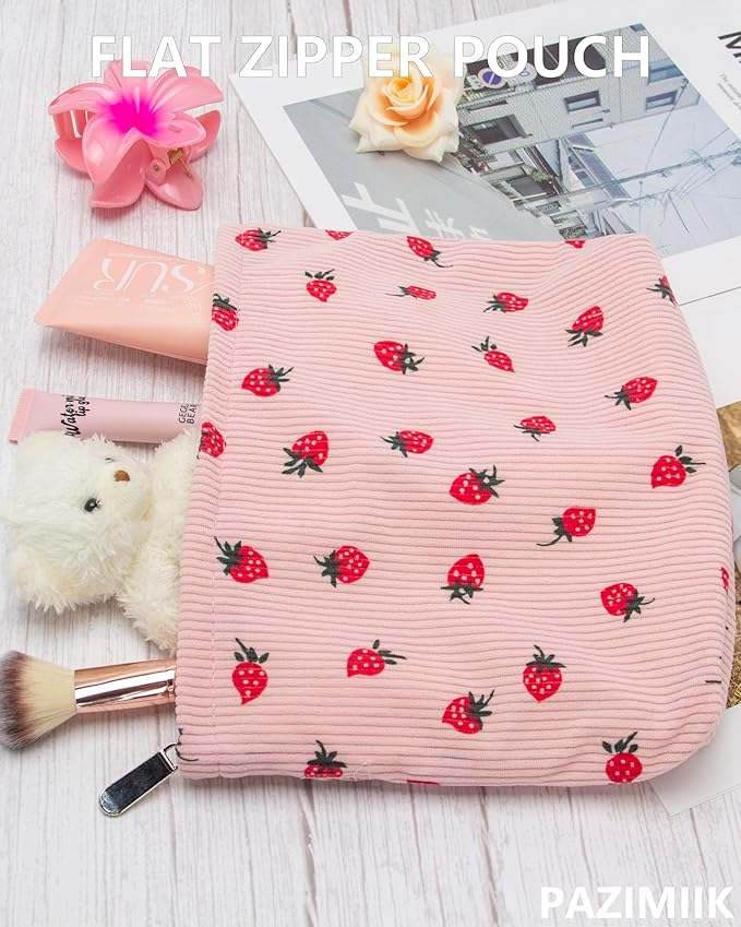 Flat Makeup Bag for Women,Zipper Cosmetic Pouch for Purse,Strawberry Pink