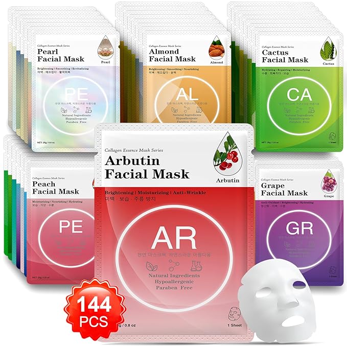 VESPRO 144 Pack Bulk Sheet Face Masks Skincare, Facial Masks for Most Skin Types, Moisturizing & Hydrating, Spa Party Gifts and Birthday Gifts for Women