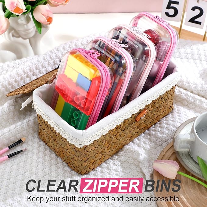 Hoolerry 4 Pcs Hard Clear Zipper Case Makeup Bags Plastic Zipper Pouch Transparent Storage Box Containers for Cosmetics, Snacks, Building Blocks, Puzzles(Clear,7.5 x 3.9 x 2 in,Pink)