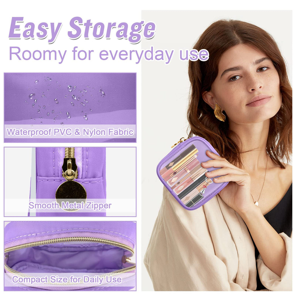 Mini Clear Travel Makeup Organizer Bag for Purse, Small Cute Makeup Bag Preppy Cosmetic Zipper Pouch Purse, Transparent PVC & Nylon Travel Coin Pouch Sanitary Napkin Storage Bag for Women Girl(Purple)