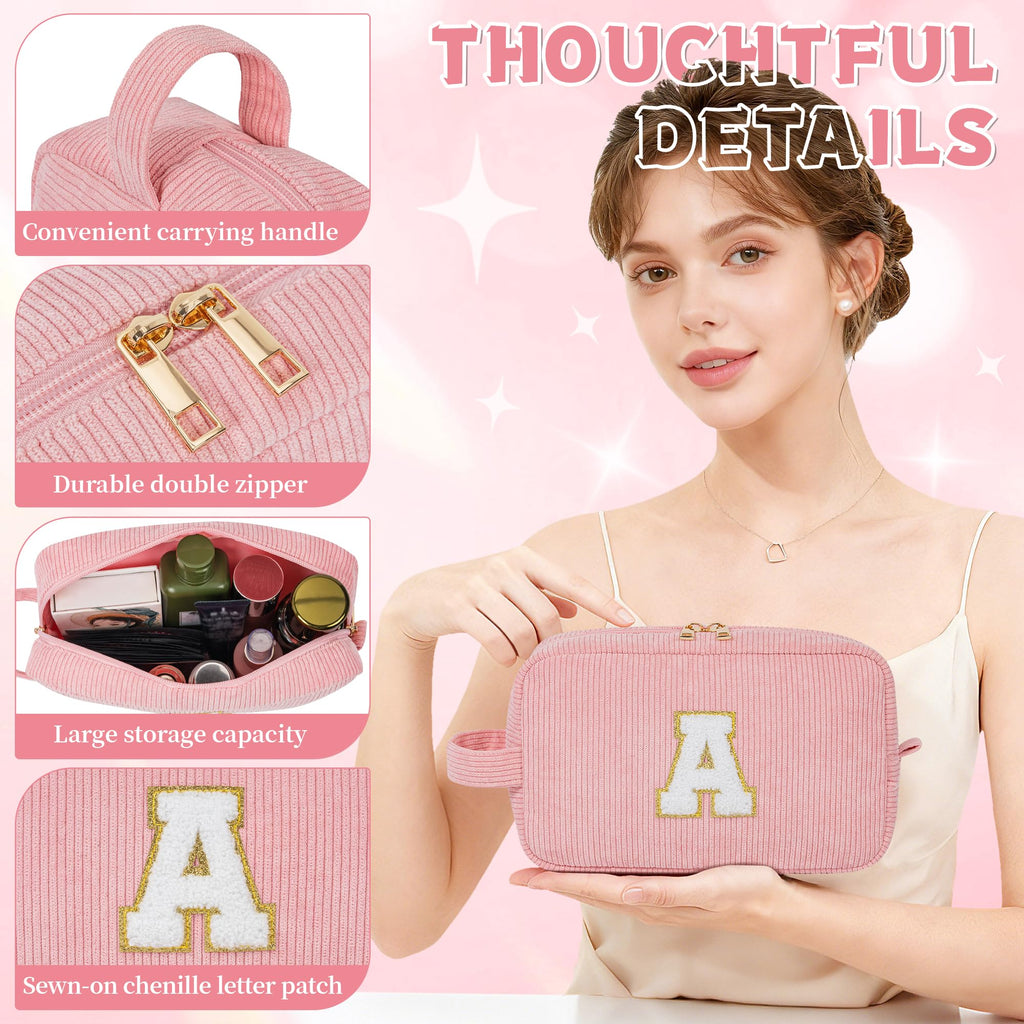 WELIDAY Initial Makeup Bag, Birthday Gift Preppy Chenille Patch Cosmetic Bag, Initial Travel Essentials Beach Toiletry Pouch, Ideal Gift for Teachers & Moms, Women and Girls (Blush Pink, A)