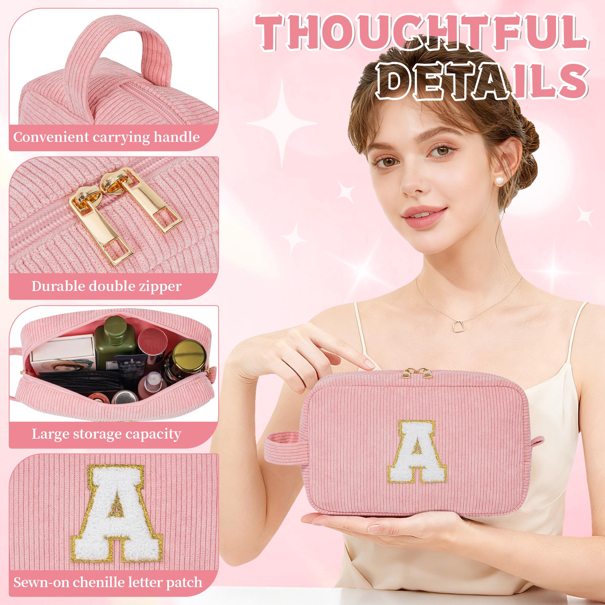 WELIDAY Initial Makeup Bag, Birthday Gift Preppy Chenille Patch Cosmetic Bag, Initial Travel Essentials Beach Toiletry Pouch, Ideal Gift for Teachers & Moms, Women and Girls (Blush Pink, A)
