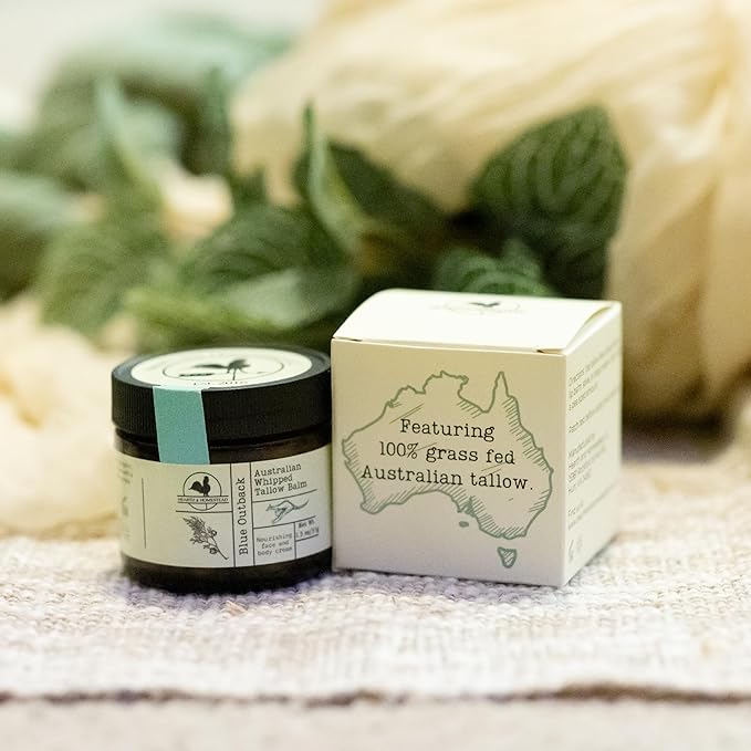 Hearth and Homestead: Handmade Blue Outback Australian Whipped Tallow Balm with Emu, Jojoba, Sandalwood, and Blue Cypress - 1.3 oz -
