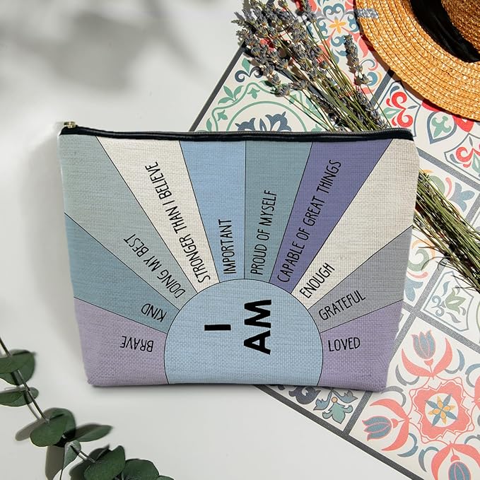 MKGRXZCW Inspirational Gifts, Blue Boho Makeup Bag, I Am Affirmation Positive Gifts Cosmetic Bag Travel Toiletry Bag for Women, Boho Blue Sunshine I am Brave Kind Zipper Makeup Pouch