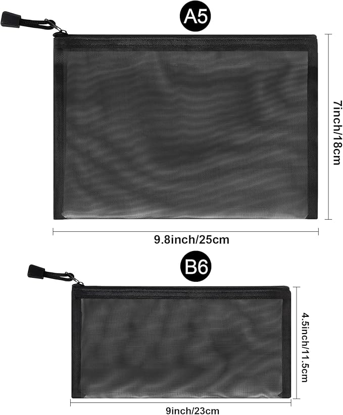 Sinzip 12 Pieces Zipper Nylon Mesh Pouch, Mesh Cosmetic Bags Makeup Bags Pencil Case, Multipurpose Travel Bags for Cosmetic School Office Supplies and Travel Accessories (Black,White,Grey, A5+B6)
