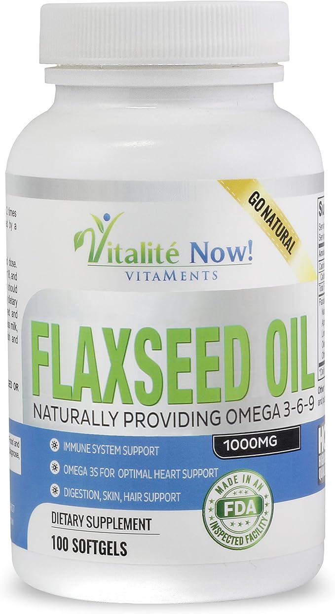 Vitalité Now! Organic Flaxseed Oil Softgels - 1000mg Premium, Virgin Cold Pressed from Flax Seeds - Hair Skin & Nails Support - Omega 3-6-9 Supplement - 100 Count - More Than 3 Month Supply!