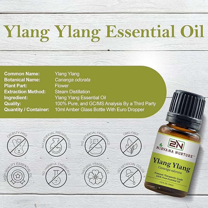 Nirvana Nurture Ylang Ylang Essential Oil, USDA Certified Organic, 100% Pure Undiluted, Aromatherapy Oil for Diffuser, Hair & Skin Care