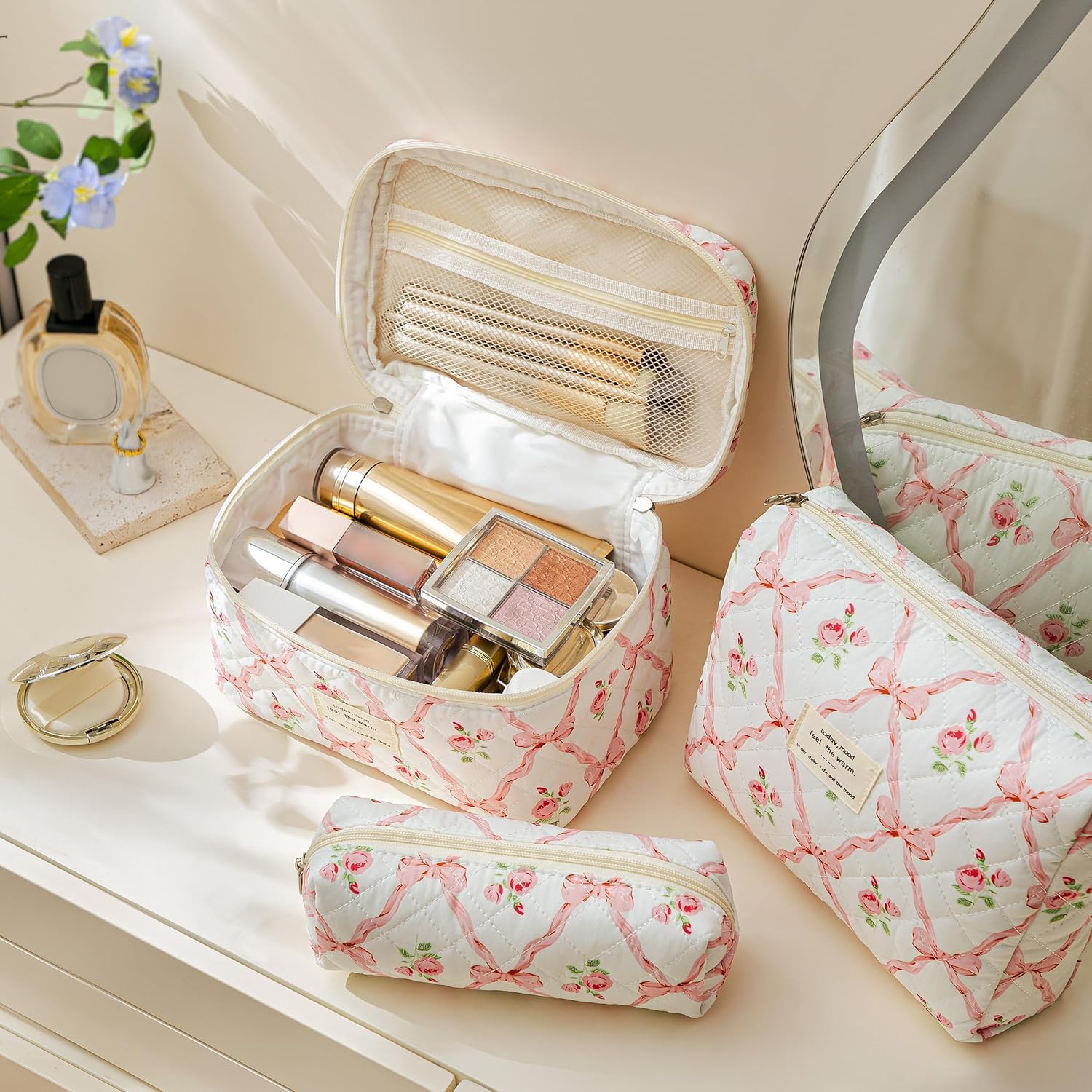 HBselect Quilted Makeup Bag, 3Pcs Cotton Large Travel Makeup Bags Organizer