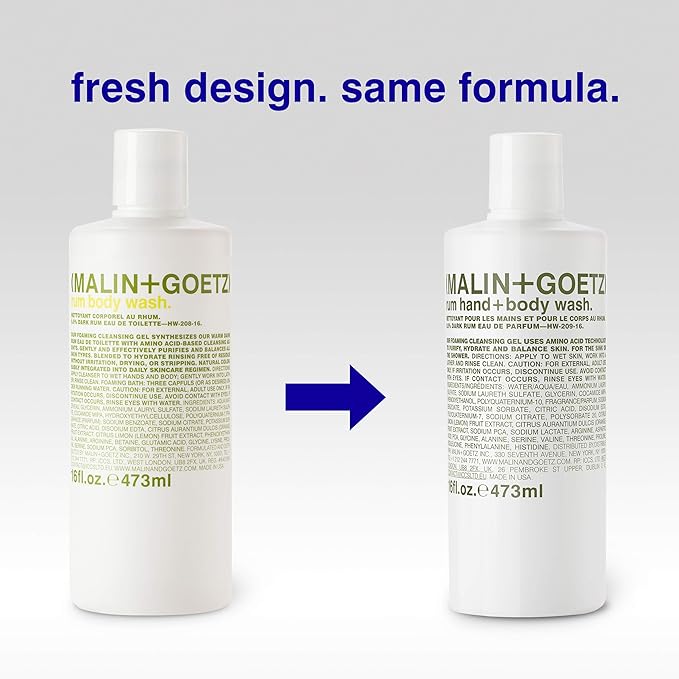 MALIN+GOETZ Hand + Body Wash | Gentle Foaming Cleanser with Botanical Extracts and Amino Acids | Hydrating, pH-Balanced, Unisex Scent | Vegan & Cruelty-Free (Rum, 16 Fl Oz)