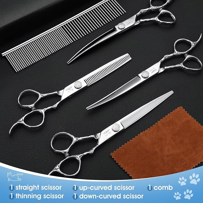 JASON Dog Grooming Scissors Set - Professional 6 in 1 Shears Kit Silver