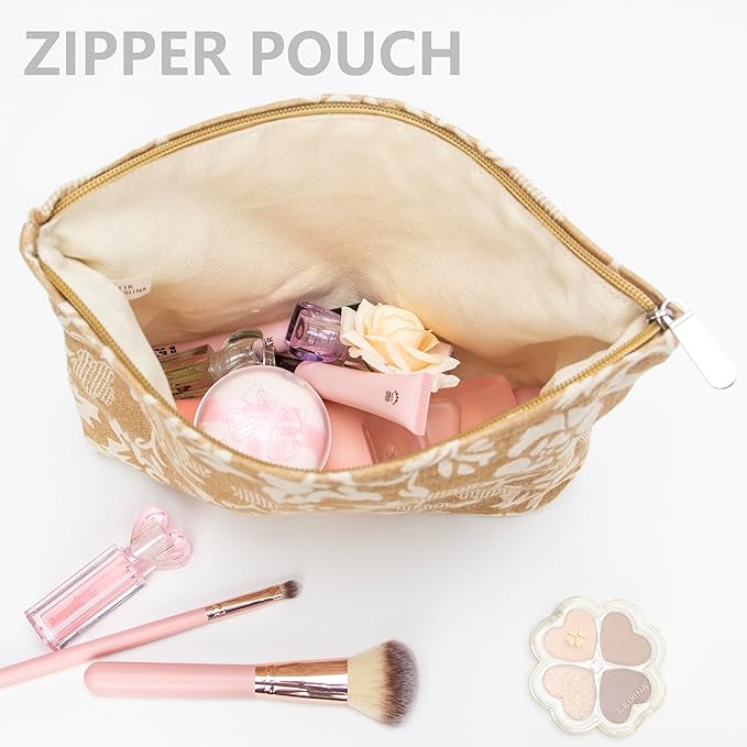 Flat Makeup Bag for Women,Zipper Cosmetic Pouch for Purse,Rose Linen