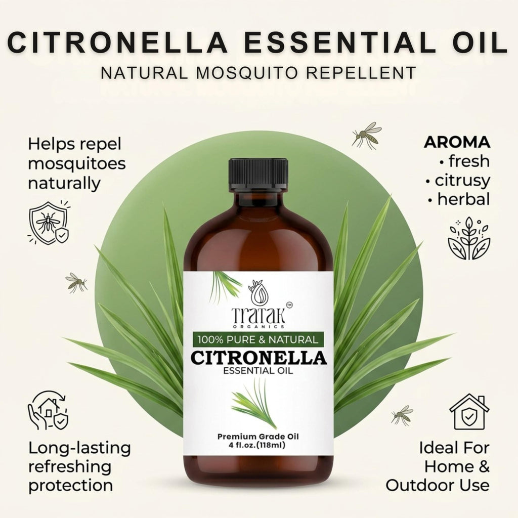 TRATAK ORGANICS Citronella Essential Oil – 4 Fl Oz – 100% Pure and Natural Citronella Oil for Diffuser and Aromatherapy, Skin, Massage, Candle and Soap Making Fragrance - with Dropper