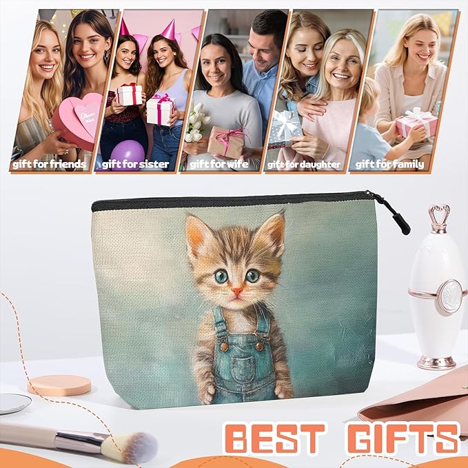Scribesense Cosmetic Bags Travel Makeup Toilet Case Waterproof Pouch for Women Girls 6.7X9.45inches - The Adorable Allure of A Kitten in Blue Overalls