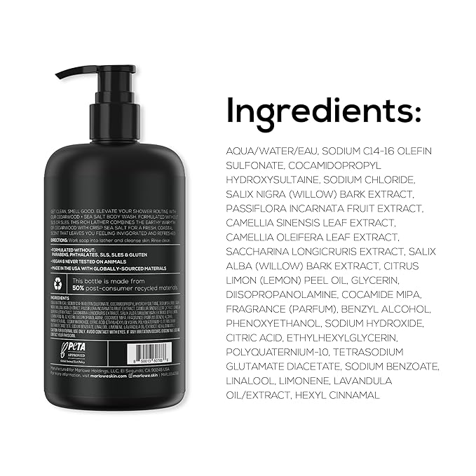 MARLOWE. Men's Body Wash, Refreshing Shower Gel, Cedarwood, 15 oz Pump