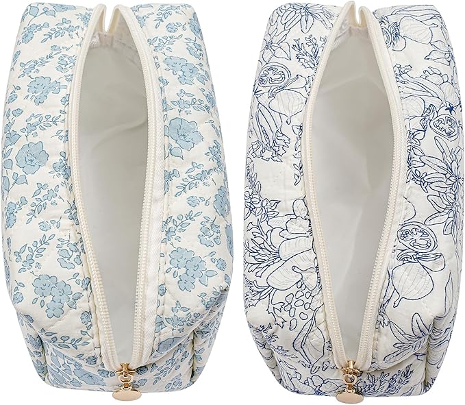 HHQQWZ Makeup Bag Travel Cosmetic Bag for Women Girls, Zipper Make Up Pouch, Floral Flowers Toiletry Organizer Makeup, Portable Storage Bag, Cosmetic Travel Cloth Bag (Blue Floral+Navy Blue Flower)
