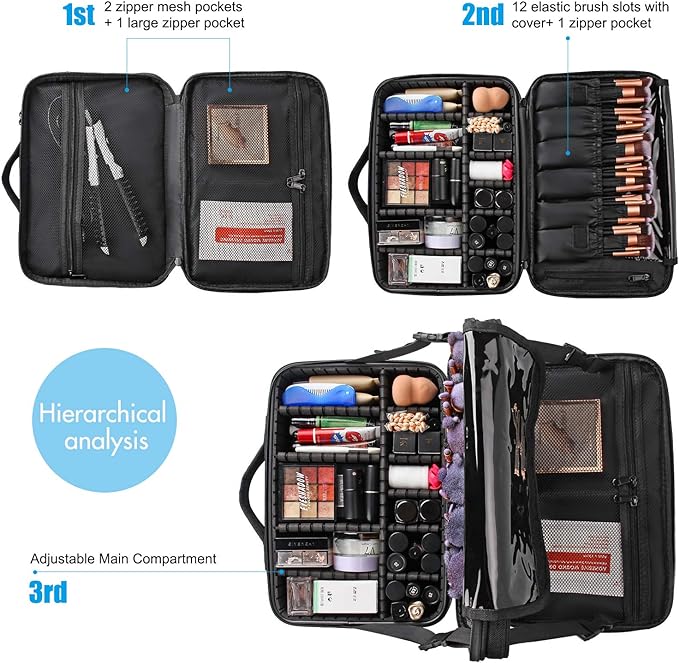 Relavel Makeup Bag Travel Makeup Train Case Large Cosmetic Case Professional Portable Makeup Brush Holder Organizer and Storage with Adjustable Dividers and Shoulder Strap Black