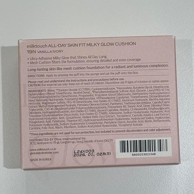 milktouch Cushion Foundation, 24H Flawless Skin, Radiant Shine, No Oxidation, Long-Lasting, Non-Creasing, 60% Hydrating Skincare Infused Korean (19N Vanilla Ivory)