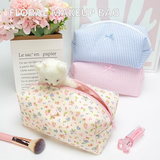 Cozy Makeup Bag for Women,Zipper Cosmetic Pouch,Ribbing Beige Floral