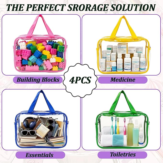 YOQIVEXU 4 Packs Large Clear Toiletry Bag, Waterproof Clear Makeup Cosmetic Organizer Bags with Handle, Transparent Handbag with Zipper for Travel Airport Airline Vacation