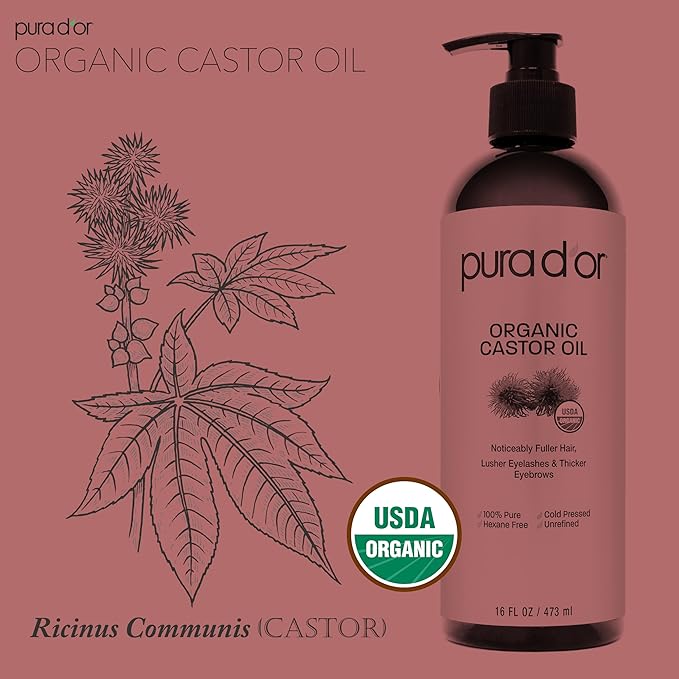 PURA D'OR ORGANIC Castor Oil (16 Oz) Pure Cold-Pressed Hexane-Free USDA Certified