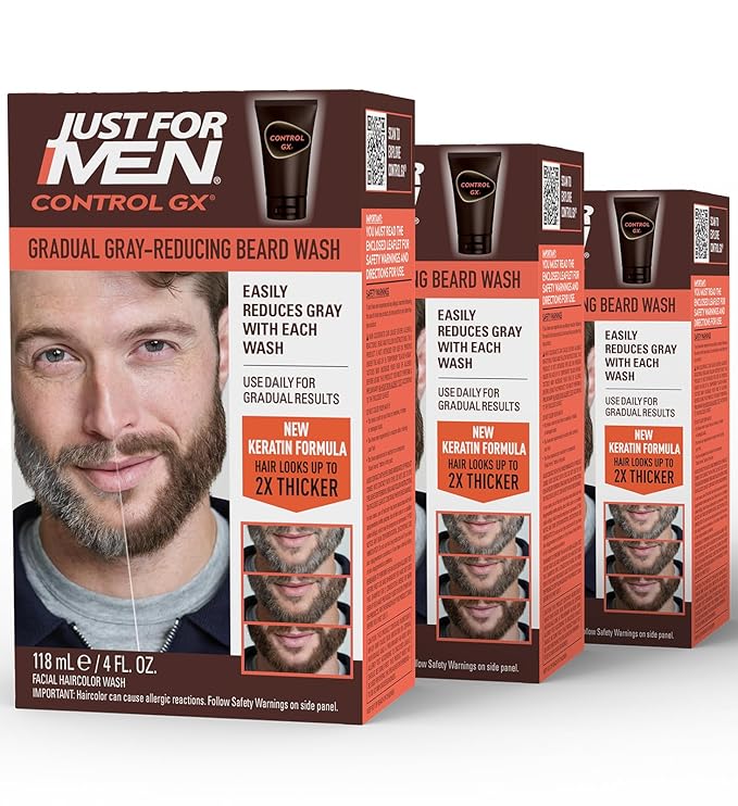 Just for Men Control GX Grey Reducing Beard Wash Shampoo with Keratin, Gradually Colors Mustache and Beard, Leaves Facial Hair Thicker Softer and Fuller, 4 Fl Oz - Pack of 3