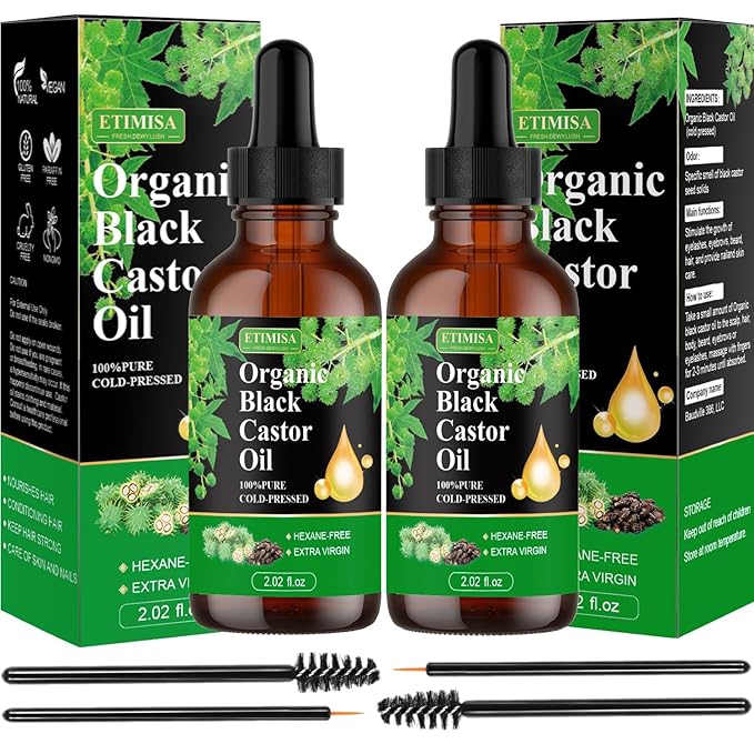 Etimisa Hair Oil, Black Castor, 100% Pure Natural Organic, Cold Pressed, Hair Growth, Eyebrow & Skin Care, Body & Carrier Oil, 4.04 Fl Oz, 2 Glass Bottles