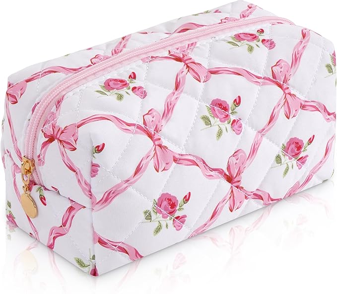 UUYUUY Makeup Bag Travel Toiletry Bag for Women, Small Cosmetic Bags Cute Quilted Cotton Makeup Pouch for Purse Emergency Bag Floral Pencil Case Accessory Bag, Bow and Floral