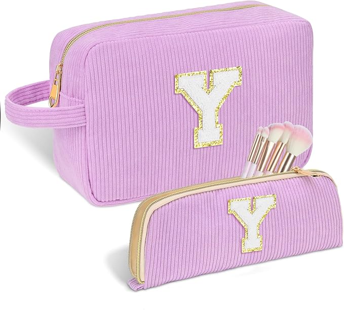 Sernaxi Personalized Initial Makeup Bag Trendy Stuff Corduroy Cosmetic Bag Travel Toiletry Bag, Valentine’s Day Gift Makeup Organizer Case & Makeup Pouch for Women teen Girls Mom Girlfriend Wife