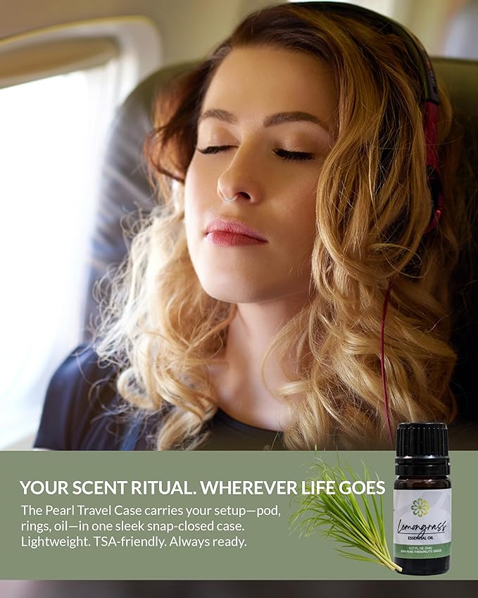 Essence Pearl Travel Case | Lemongrass Essential Oil | Aromatherapy Nasal Diffuser & Essential Oil Carrying Case | Refreshing Lemongrass Scent | Travel-Friendly Kit | Black Pod