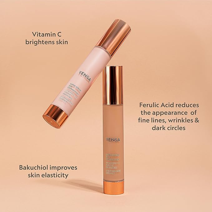 YENSA Serum Foundation Makeup - Super Silk Full Coverage Foundation Enriched with Peptides, Vitamin C & Ferulic Acid to Help Reduce Fine Lines, Wrinkles & Dark Circles - Tan 1 (1 oz)