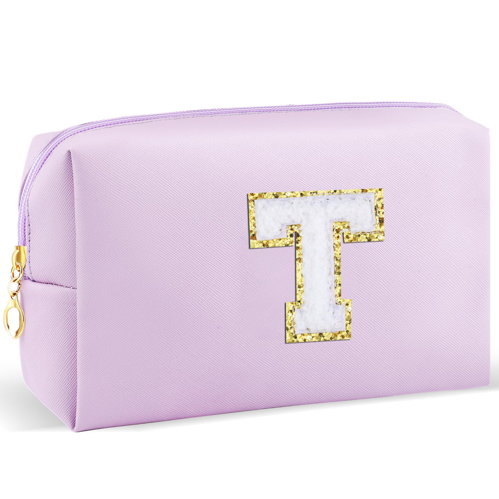 URSKYTOUS Gifts for Girls Initial Makeup Bag Personalized Cosmetic Bag with Zipper Cute Travel Toiletry Bag Waterproof PU Preppy Makeup Pouch Birthday Gift for Teen Girls Women(Purple T)