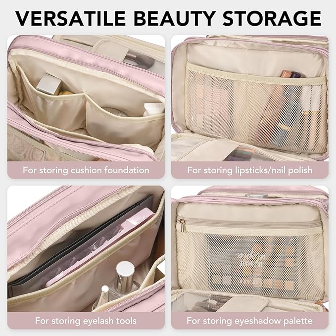 HauteHues Travel Makeup Bag Women's Large Capacity Cosmetic Portable Organizer Large Opening Waterproof Storage Toiletry Bags Vertical Free-Standing Brush Holder for Easy Access Pink