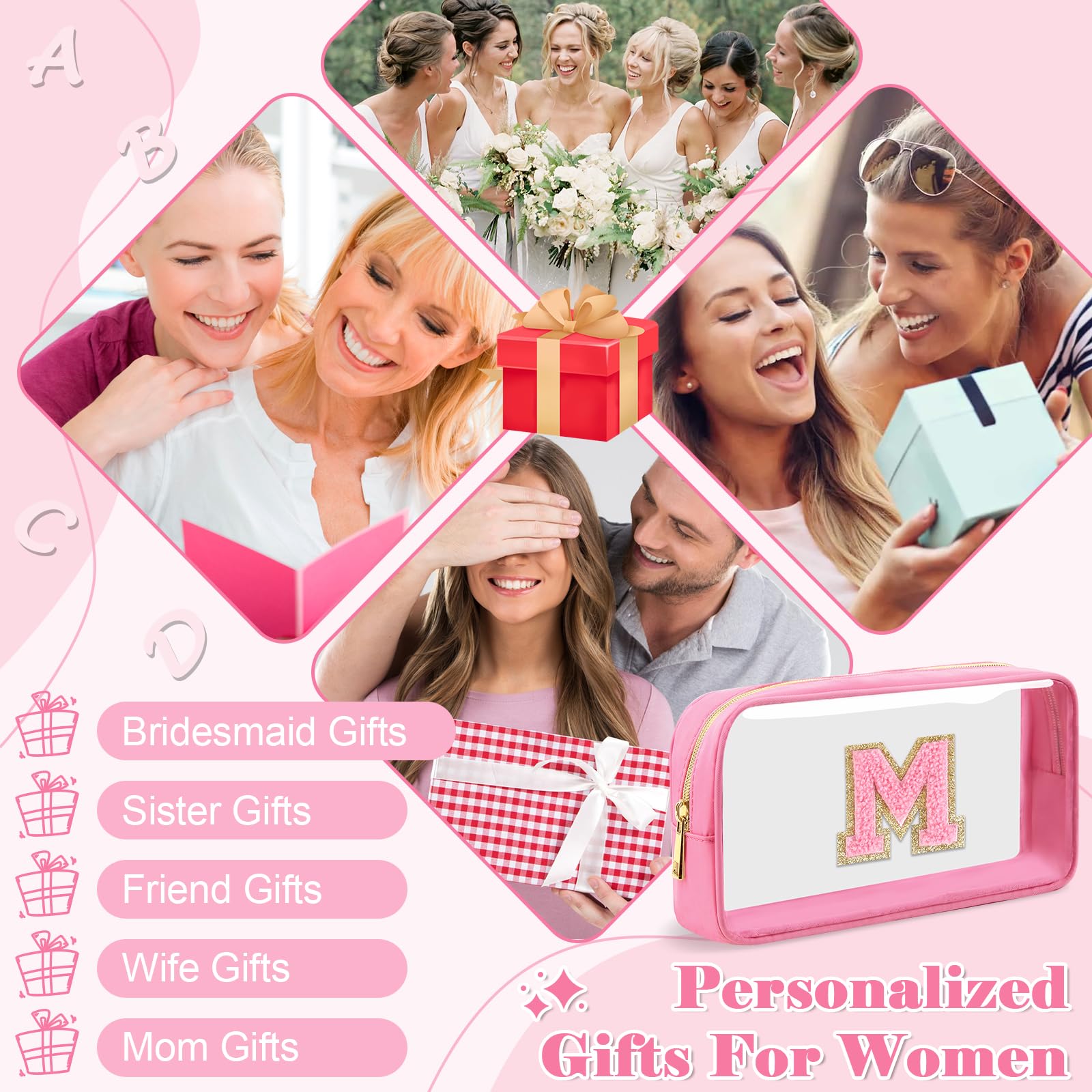 Personalized Initial Letter Clear Makeup Bag,Preppy Small Nylon&PVC Cosmetic Zipper Bag with Chenille Letter,Portable Beach Travel Skincare Toiletry Bag,Trendy Monogram Gift for Teen Girls Women,M
