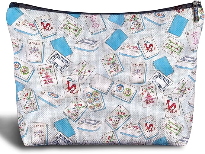 Zomhix Mahjong Gifts Cosmetic Bags for Women, Light Blue Chinoiserie Mahjong Makeup Bag, Gifts for Mah Jong Players Lovers Makeup Zipper Pouch