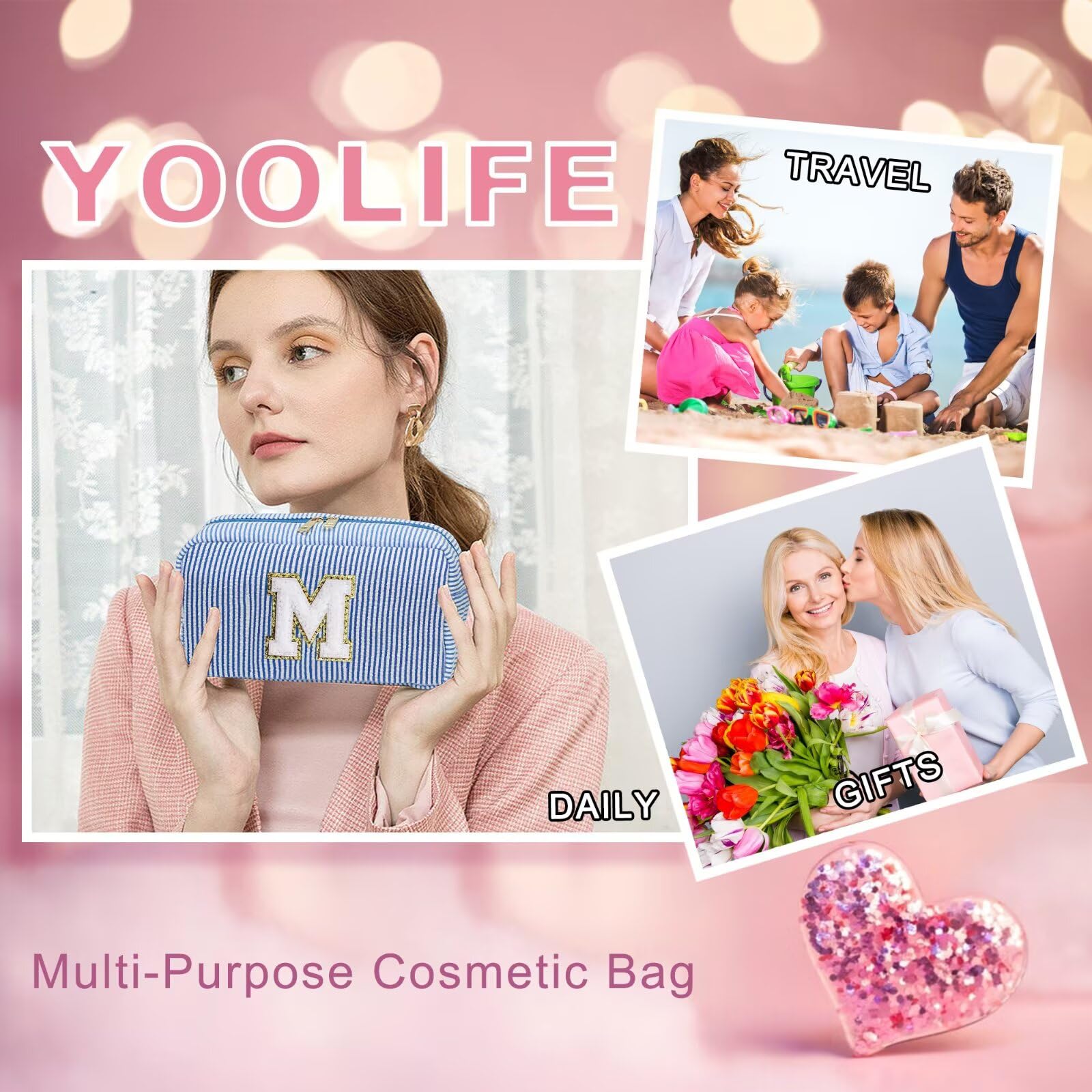 YOOLIFE Initial Makeup Bag for Women - Monogram Cute Makeup Bag Cosmetic Case Toiletry Pouch for Women Her Best Friend Sister Teacher, Personalized Birthday Gifts for Women, Black O
