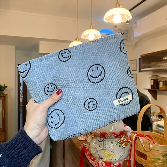 Gardsell Cosmetic Bags for Women - Corduroy Cosmetic Bag Aesthetic Women Handbags Purses Smile Dots Makeup Organizer Storage Makeup Bag Girls Case Bags (A-Blue)