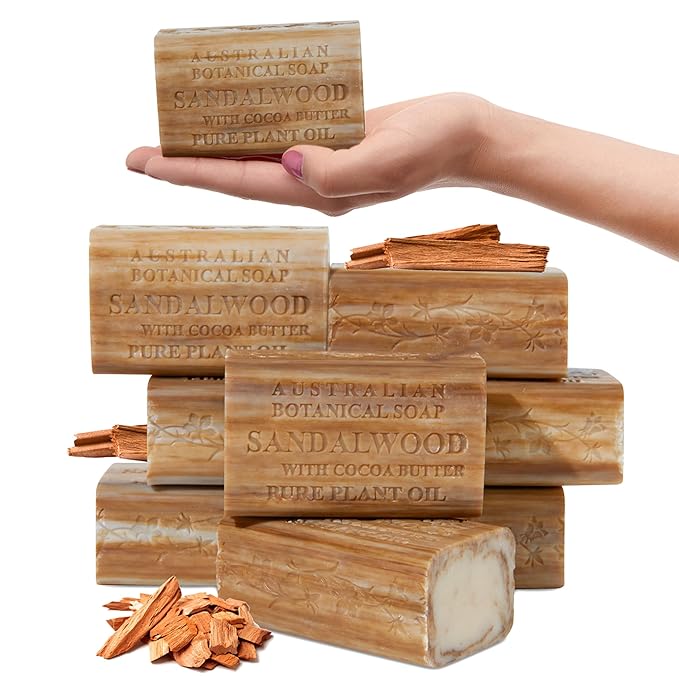 Australian Botanical Soap, Sandalwood and Cocoa Butter, 6.6 OZ, Triple Milled Bars Made with a Natural Soap Base and Enriched with Organic Shea Butter, Pack of 8