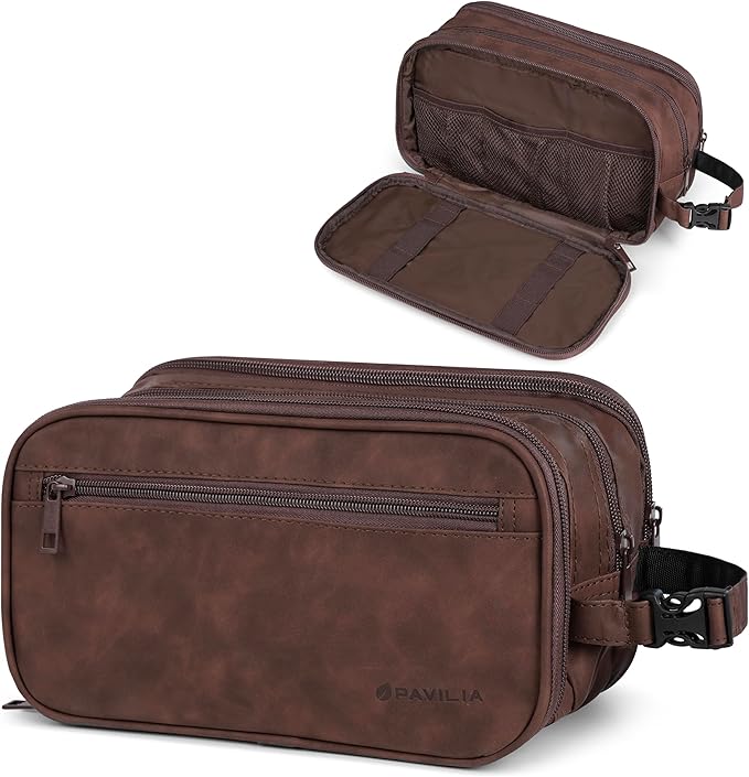 PAVILIA Toiletry Bag for Men, Travel Toiletries Bag | Water-resistant Dopp Kit, PU Leather Shaving Pouch Organizer for Accessories, Cosmetic, Hygiene, Grooming Essentials (XL, Dark Brown)