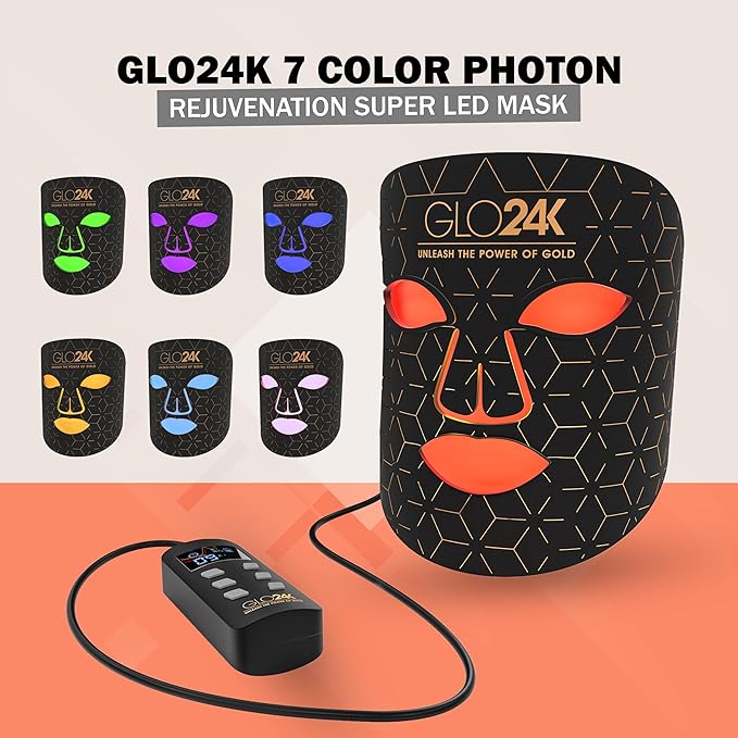 GLO24K LED Face Mask Light Therapy – Red Light Therapy Mask with 7 Color Modes, Infrared LED Facial Mask, Rechargeable Skin Care Device for At-Home Use