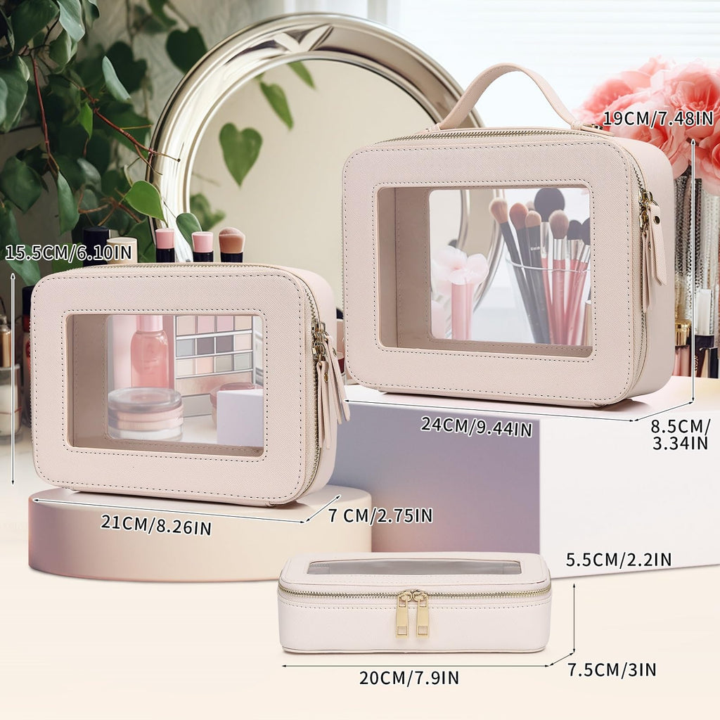 Pinkmik Clear Makeup Bag with Brush Bag 3pcs Waterproof Travel Case for Cosmetics and Toiletries Women's Makeup Organizer with Zipper (Beige, L+M+SLIM)