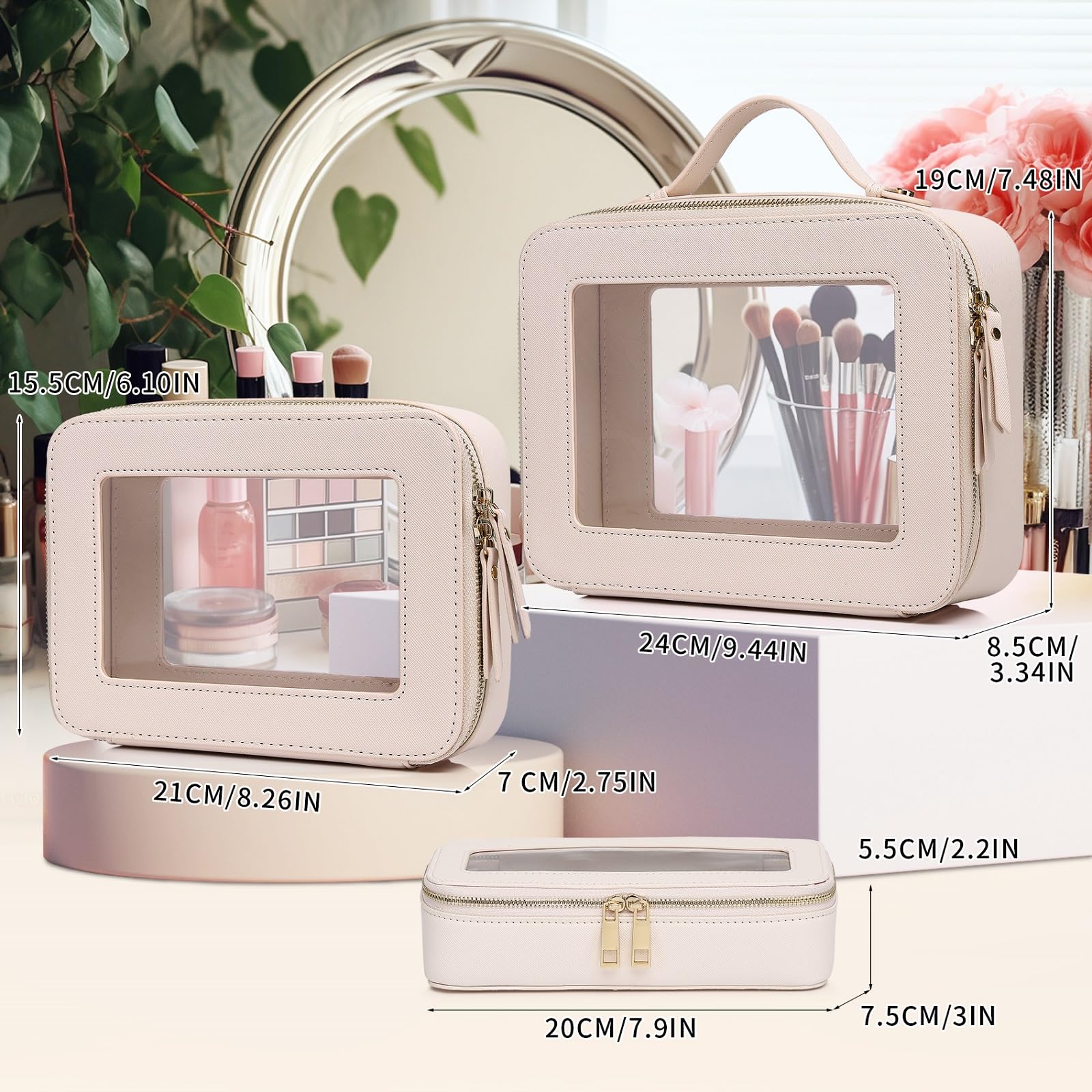 Pinkmik Clear Makeup Bag with Brush Bag 3pcs Waterproof Travel Case for Cosmetics and Toiletries Women's Makeup Organizer with Zipper (Beige, L+M+SLIM)