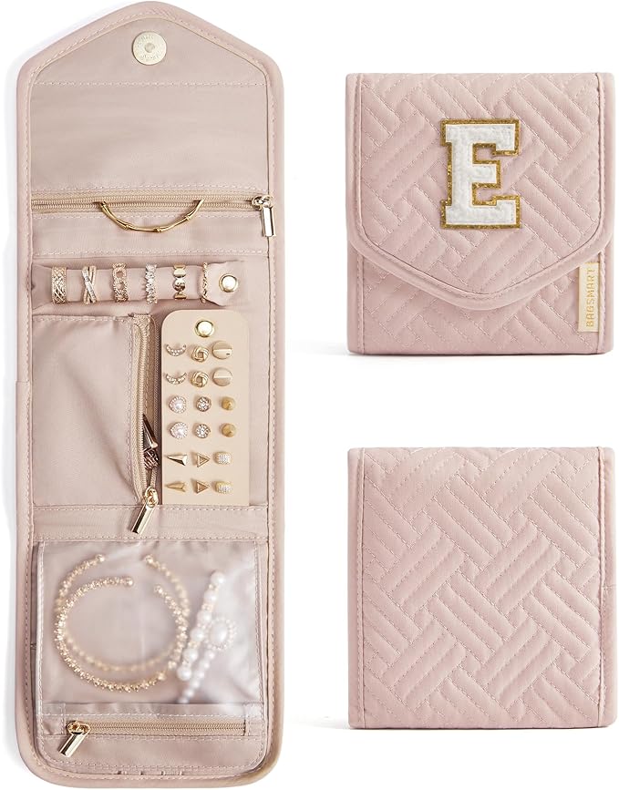 BAGSMART Travel Jewelry Organizer Case E Initial Jewelry Roll,Soft Pink