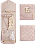 BAGSMART Travel Jewelry Organizer Case E Initial Jewelry Roll,Soft Pink