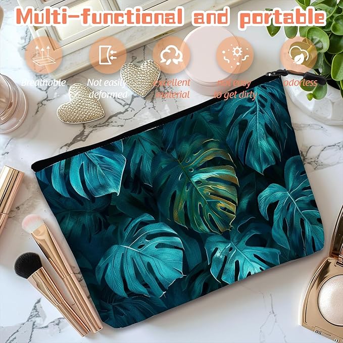 Scribesense Cosmetic Bags Travel Makeup Toilet Case Waterproof Pouch for Women Girls 6.7X9.45inches - Tropical Monstera Leaves in A Deep Teal Hue