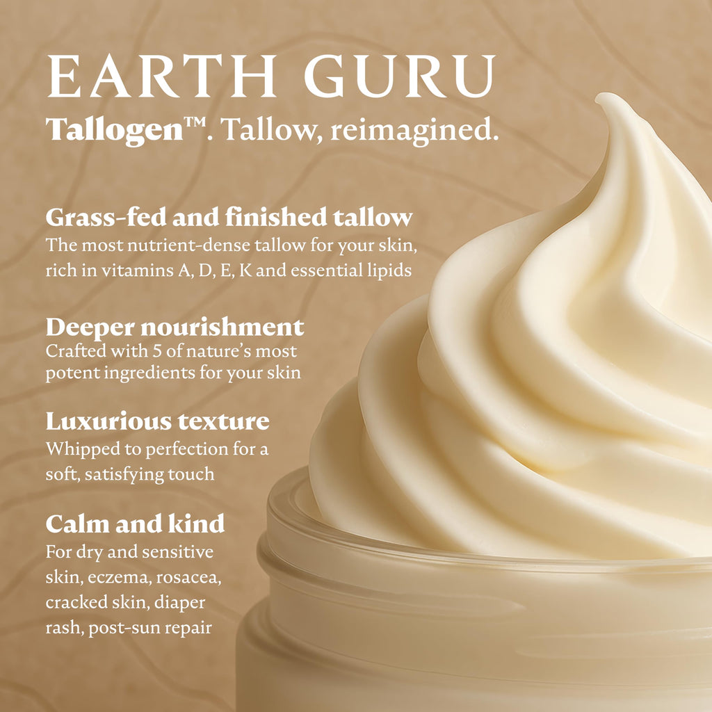 Earth Guru XL 8 OZ Whipped Beef Tallow for Skin,100% Natural Beef Tallow and Honey Balm, Face Moisturizer & Body Lotion Cream, Grass-Fed & Finished, Sebo De Res Para La Cara, Organic Olive Oil, Manuka