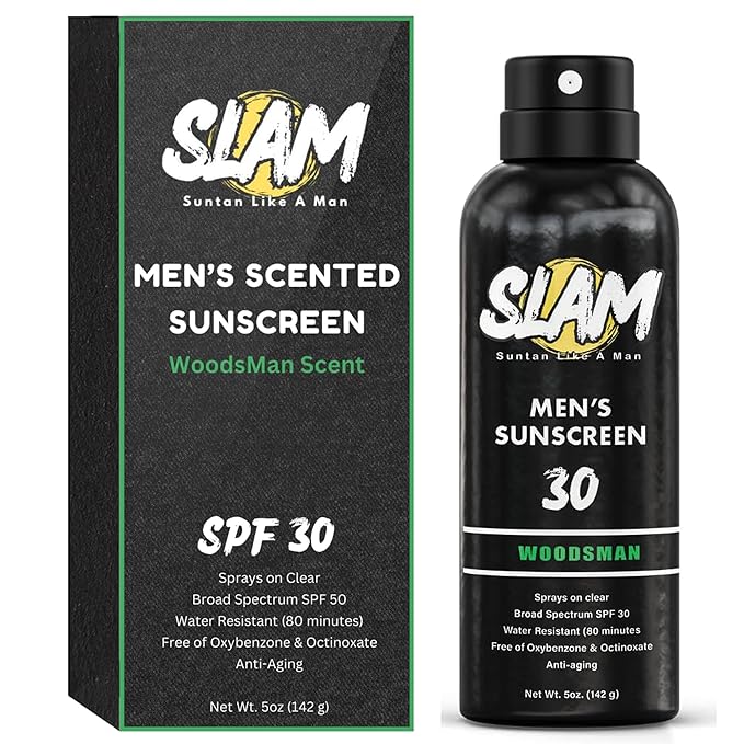 SLAM WoodsMan - Male Scented Sunscreen, SPF Sunscreen Spray, Water Resistant Sunscreen, Octinoxate & Oxybenzone Free, Broad Spectrum UVA/UVB Sunscreen, 5 Fl Oz (Pack of 1)