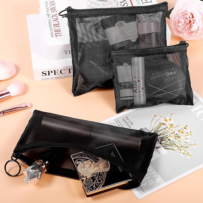 Fassave 8 Pack Mini Zipper Mesh Makeup Bags, Nylon Cosmetic Bags Toiletry Purse Travel Organizer Bags Inside Bag for Office Travel Organization (Black, XS)