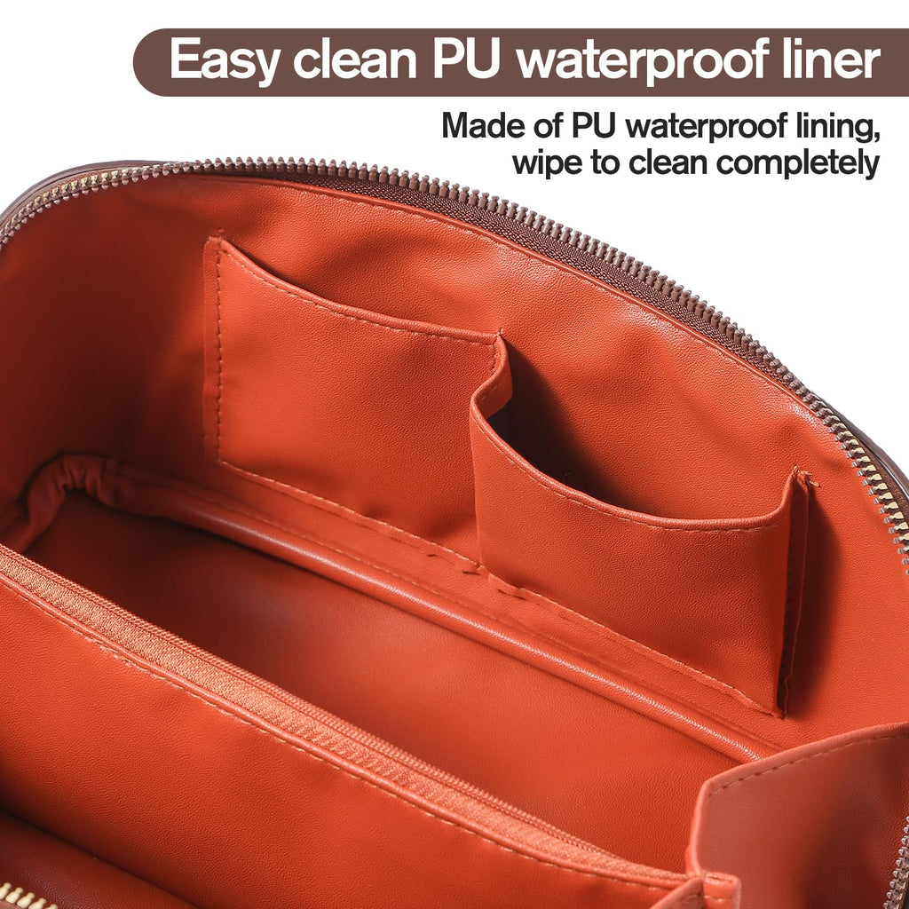 Cuteseason PU Leather Makeup Bag for Women, Structured Makeup Case with Wide Opening, Travel Cosmetic Bag with Compartments and Handle, Water-Resistant Makeup Organizer(Light Brown, Lychee Grain)