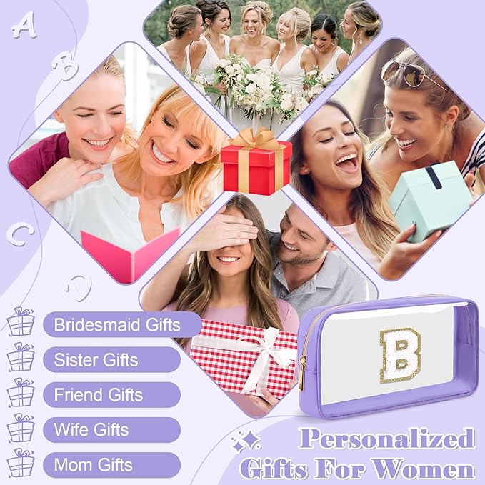 UIXIZQ Personalized Initial Letter Clear Makeup Bag,Preppy Small Nylon&PVC Cosmetic Zipper Bag with Chenille Letter,Travel Skincare Toiletry Bag,Monogram Christmas Gift for Teen Girls Women,B